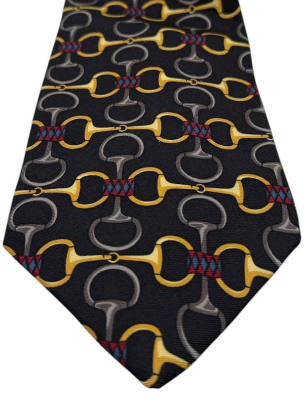 Paolo Gucci Silk Tie – Equestrian Bit Pattern – Black & Gold