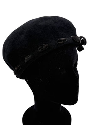 Tracy Watts Black Wool Beret with Velvet Ribbon Trim
