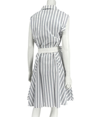 Lafayette 148 New York White & Navy Striped Sleeveless Shirtdress with Self-Tie Belt – Size XXL