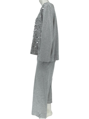 Joan Vass Gray Sequin-Embellished Knit Top & Pant Set – Size XL