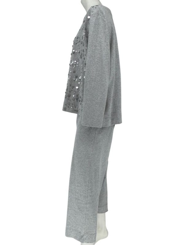 Joan Vass Gray Sequin-Embellished Knit Top & Pant Set – Size XL