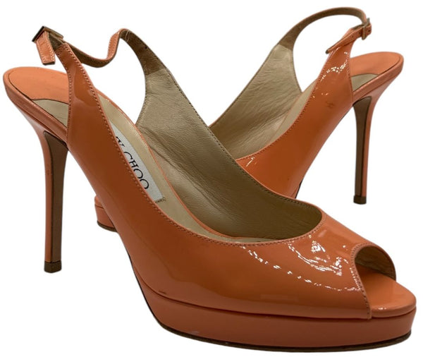 Jimmy Choo Patent Leather Slingback Platform Heels in Peach Coral – Size 37 – Good Preowned Condition