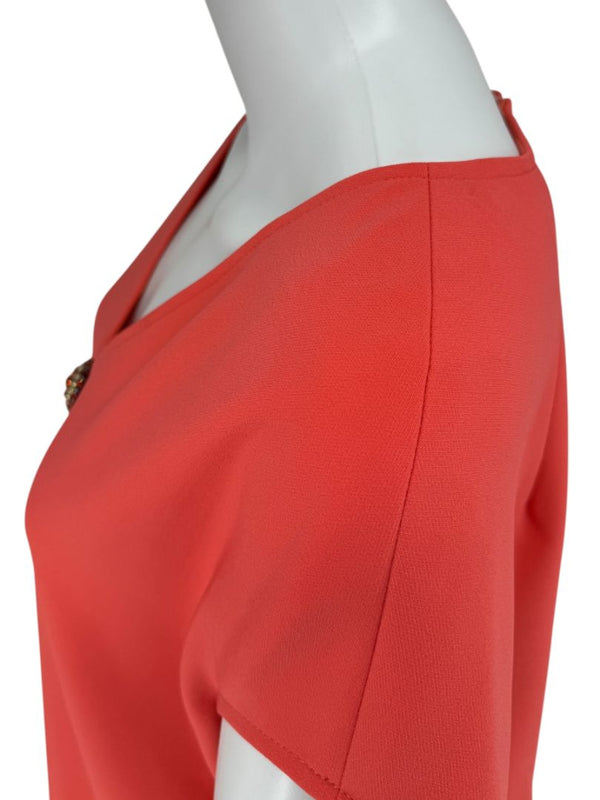 Pamella Roland Sleeveless Shift Dress in Coral with Beaded Brooch Detail
