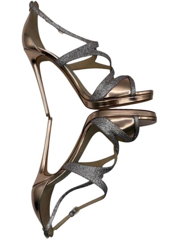 Jimmy Choo Metallic Rose Gold & Glitter Strappy Platform Sandals – Size 39