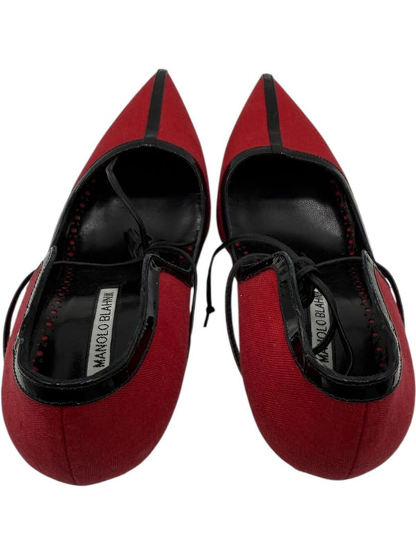Manolo Blahnik Red Canvas & Patent Leather Lace-Up Pumps – Size 39.5