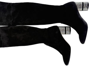 Stuart Weitzman Black Velvet Crystal Heel Over-the-Knee Boots – Size 9