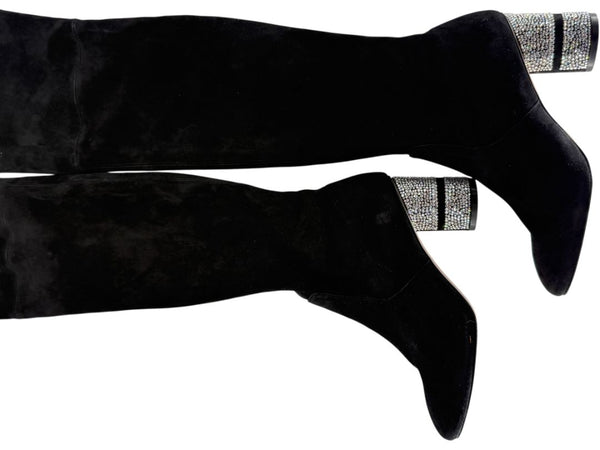 Stuart Weitzman Black Velvet Crystal Heel Over-the-Knee Boots – Size 9