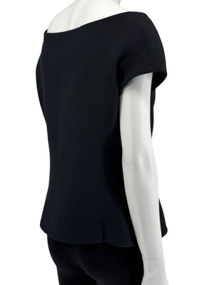 Christian Dior Paris Black Off-Shoulder Wool-Silk Asymmetric Button Top – Size FR 42 / US 10