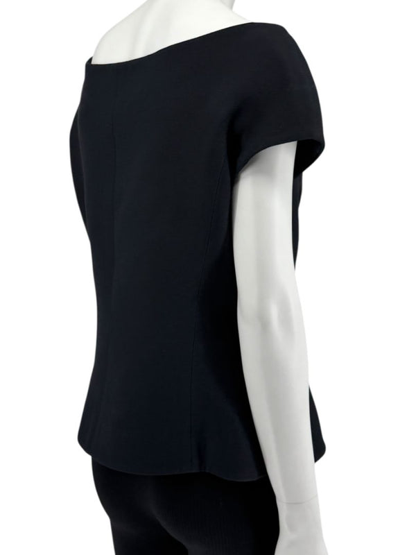 Christian Dior Paris Black Off-Shoulder Wool-Silk Asymmetric Button Top – Size FR 42 / US 10