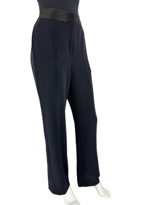 Akris Navy Wool Wide-Leg Trousers with Contrast Waistband – Size IT 46 (US 10)