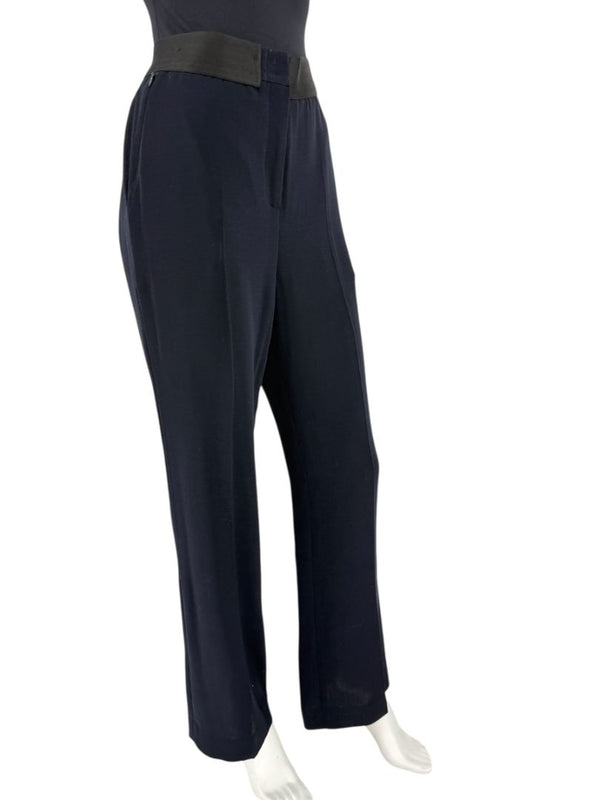 Akris Navy Wool Wide-Leg Trousers with Contrast Waistband – Size IT 46 (US 10)