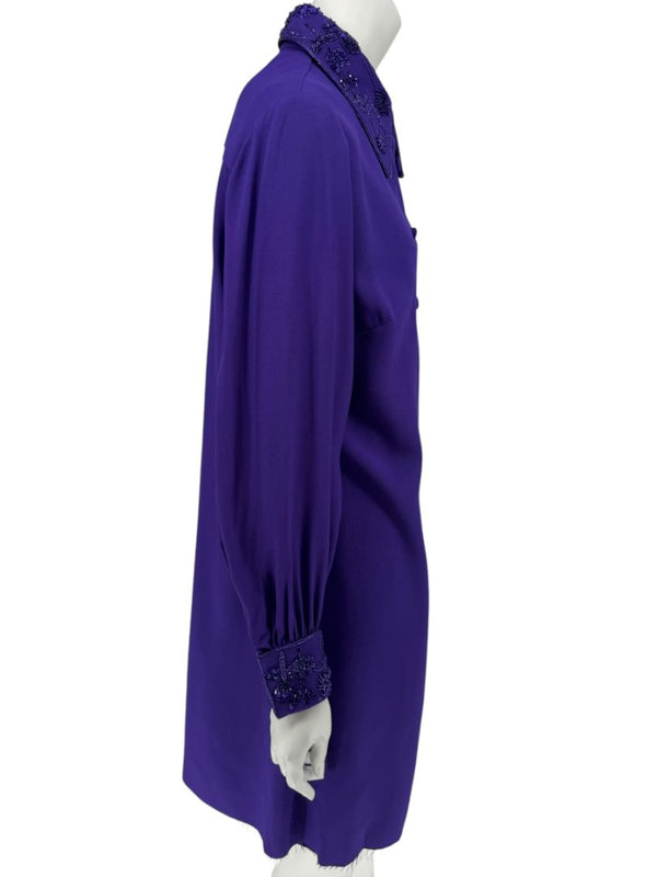 Pamella Roland Purple Beaded Collar & Cuff Shirt Dress with Slip – Large