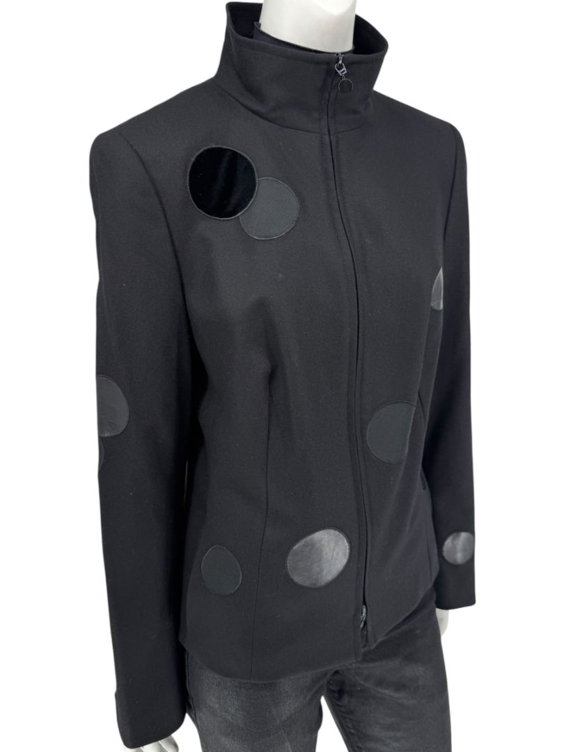 Akris Punto Black Wool Jacket with Leather & Velvet Appliqué – Size US 12