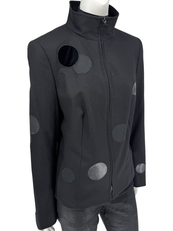 Akris Punto Black Wool Jacket with Leather & Velvet Appliqué – Size US 12