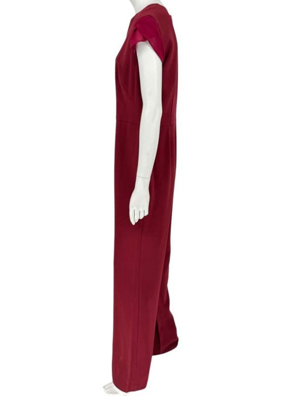 Pamella Roland Burgundy Cap-Sleeve Jumpsuit with Sheer Sash – Large
