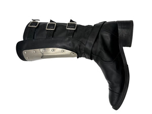 Chanel Black Leather Moto Boots with Silver Armor Plate – Size 40.5