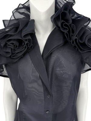Féraud Paris Navy Silk Organza Ruffle Blouse – FR 44 - NWT
