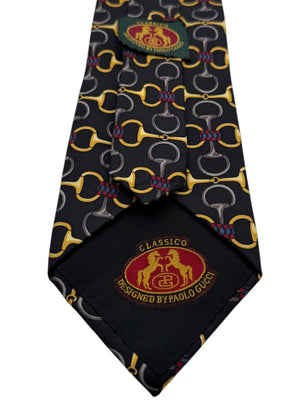 Paolo Gucci Silk Tie – Equestrian Bit Pattern – Black & Gold