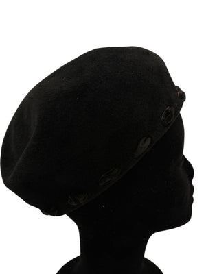 Tracy Watts Black Wool Beret with Velvet Ribbon Trim