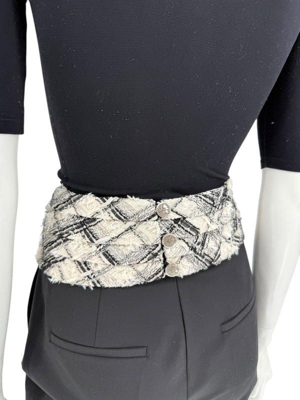 Chanel Black & White Tweed Waist Belt with Silver CC Buttons – 36" x 5"