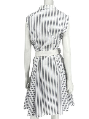 Lafayette 148 New York White & Navy Striped Sleeveless Shirtdress with Self-Tie Belt – Size XXL