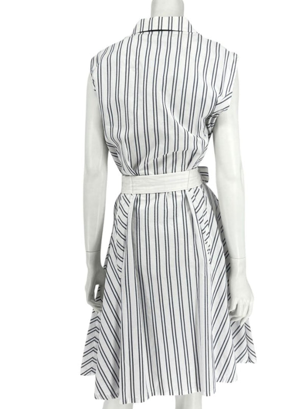 Lafayette 148 New York White & Navy Striped Sleeveless Shirtdress with Self-Tie Belt – Size XXL