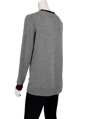 Chanel 2007A Grey and Purple Cashmere Beaded Crest Detail V Neck Sweater - Size 44