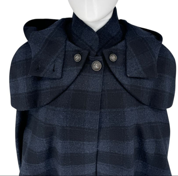 Chanel Navy & Black Plaid Wool Hooded Cape with Logo Buttons – Size FR 44 - *RARE*