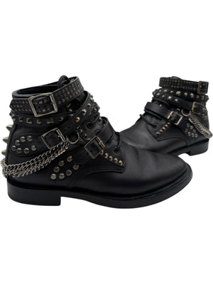 Saint Laurent Studded Leather Ankle Boots with Chains – Size 40