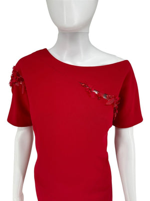 Pamella Roland Red Asymmetrical Floral Embellished Sheath Dress