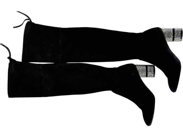 Stuart Weitzman Black Velvet Crystal Heel Over-the-Knee Boots – Size 9