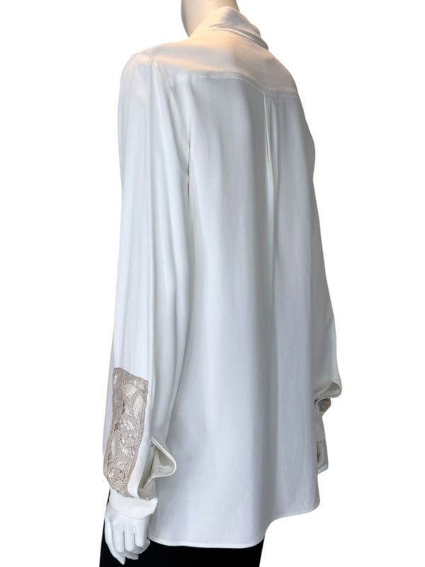 Agnona White Silk Viscose Lace Inset Shirt Blouse Black Beige Panel Italy Size 42