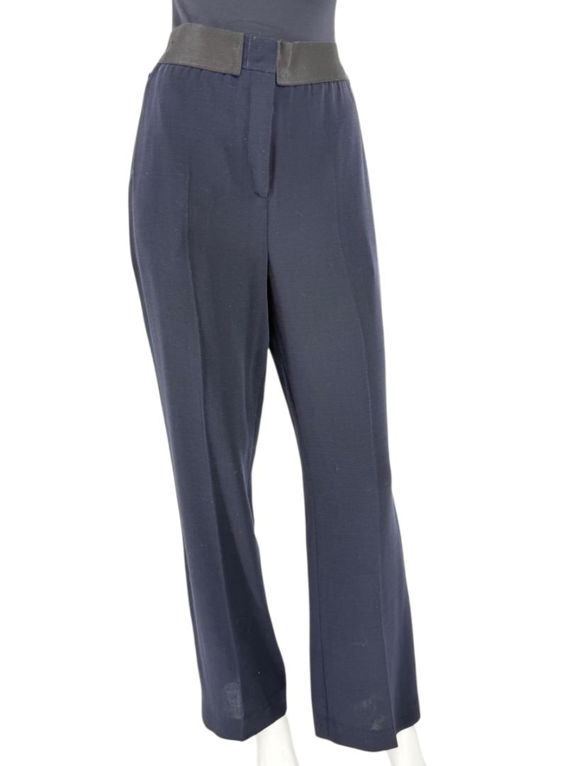 Akris Navy Wool Wide-Leg Trousers with Contrast Waistband – Size IT 46 (US 10)