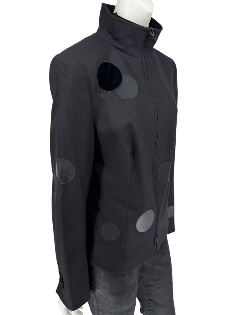 Akris Punto Black Wool Jacket with Leather & Velvet Appliqué – Size US 12