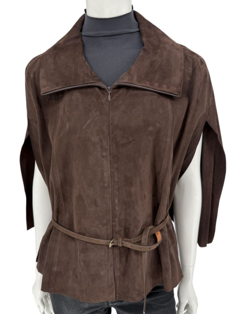 Akris Chocolate Brown Suede Cape Jacket – Size 12