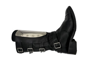 Chanel Black Leather Moto Boots with Silver Armor Plate – Size 40.5