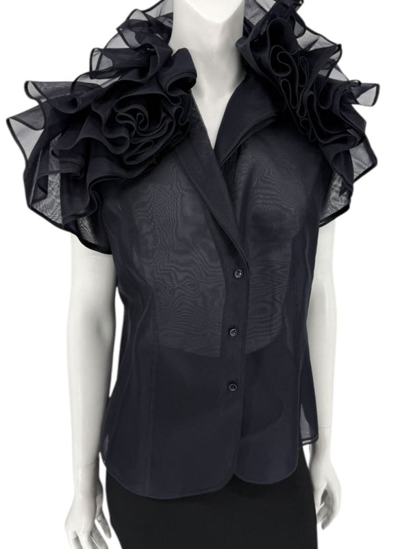 Féraud Paris Navy Silk Organza Ruffle Blouse – FR 44 - NWT