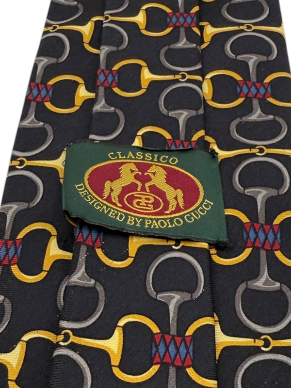 Paolo Gucci Silk Tie – Equestrian Bit Pattern – Black & Gold