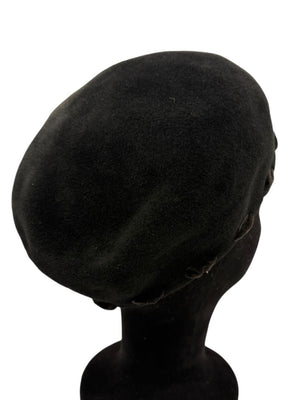 Tracy Watts Black Wool Beret with Velvet Ribbon Trim