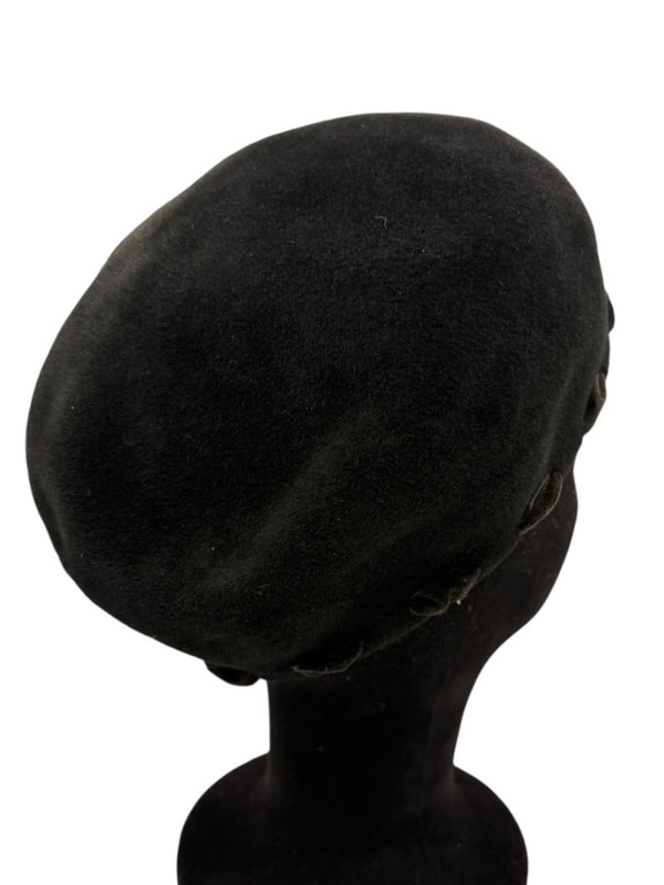 Tracy Watts Black Wool Beret with Velvet Ribbon Trim