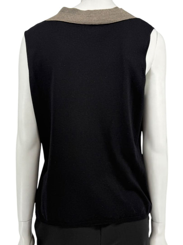 Akris Black Silk-Blend Knit Tank with Contrast V-Neck Trim – Size US 18