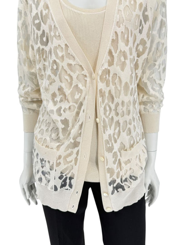 Magaschoni Ribbed Tank & Mesh Leopard Cardigan Twin Set – Size XL