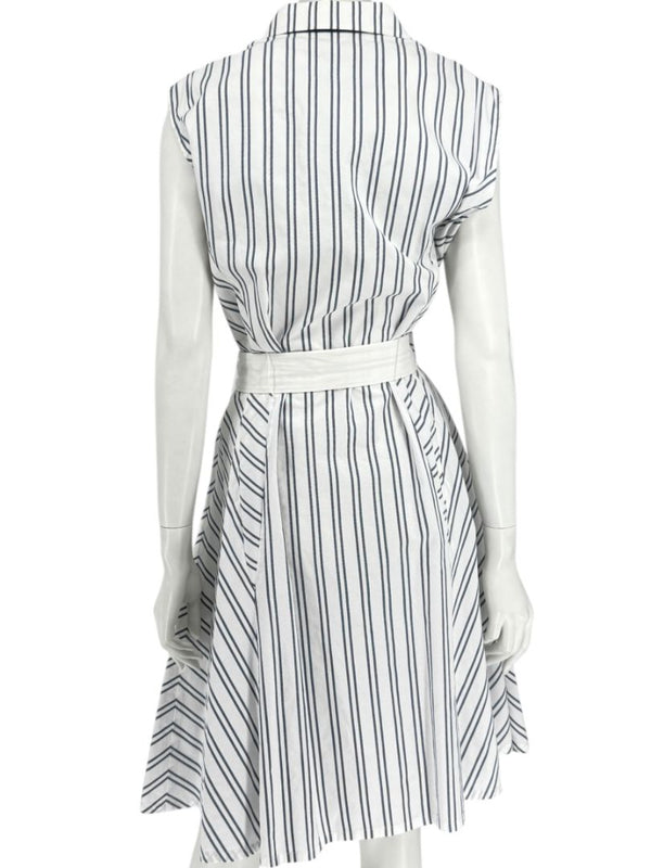 Lafayette 148 New York White & Navy Striped Sleeveless Shirtdress with Self-Tie Belt – Size XXL