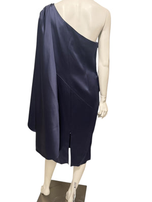 Pamella Roland Navy One-Shoulder Draped Cocktail Dress – Fits Like L