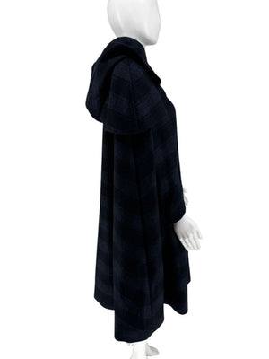 Chanel Navy & Black Plaid Wool Hooded Cape with Logo Buttons – Size FR 44 - *RARE*