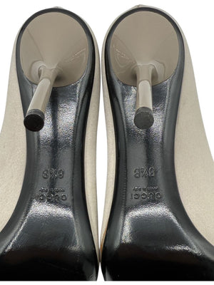 Gucci Satin Horsebit Peep-Toe Pumps with Crystal Detail – Size 8.5B