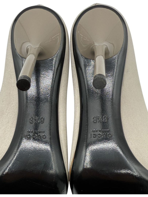 Gucci Satin Horsebit Peep-Toe Pumps with Crystal Detail – Size 8.5B