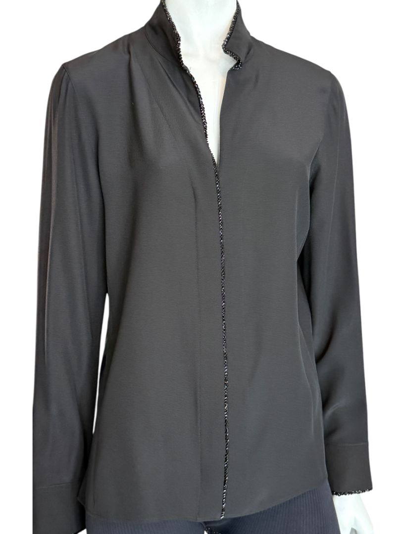 Akris Black Silk Blouse with Beaded Trim – Size US 10