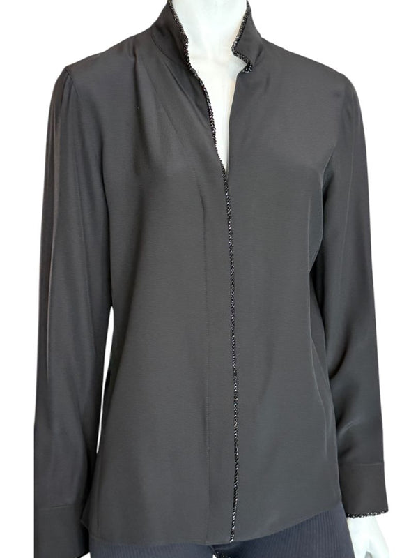 Akris Black Silk Blouse with Beaded Trim – Size US 10