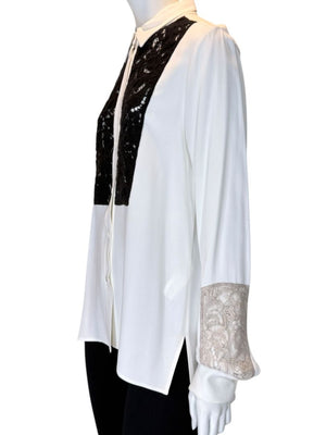 Agnona White Silk Viscose Lace Inset Shirt Blouse Black Beige Panel Italy Size 42